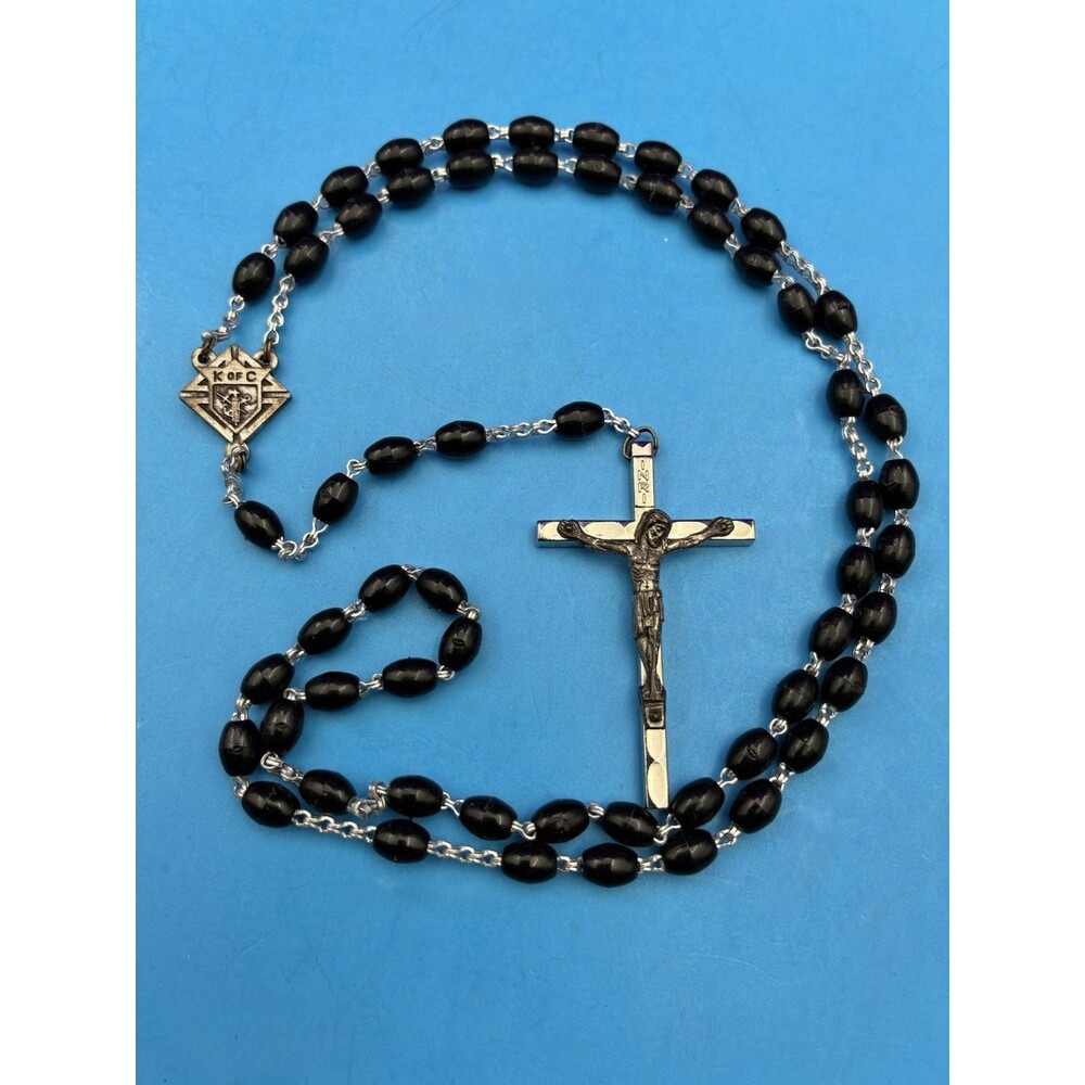 Vintage Black Plastic Bead Rosary, Knights Of Columbus, ITALY, Christianity, 18”